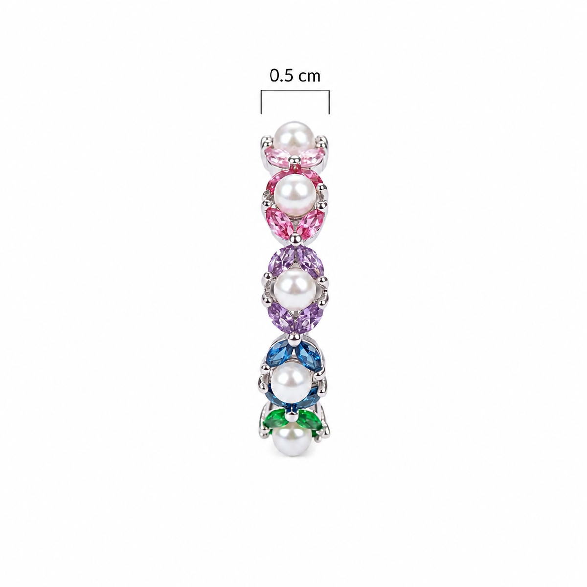 Multicolour Pearl & CZ Half-Eternity Band Ring – Silver-Tone Stackable Ring