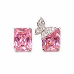 Purple Butterfly Emerald-Cut Stud Earrings – Silver-Tone CZ Pave Studs