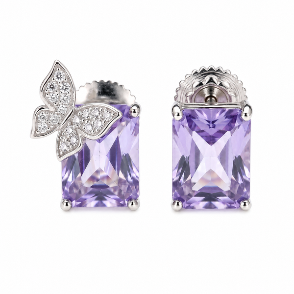 Purple Butterfly Emerald-Cut Stud Earrings – Silver-Tone CZ Pave Studs