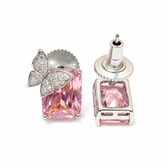 Purple Butterfly Emerald-Cut Stud Earrings – Silver-Tone CZ Pave Studs
