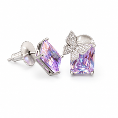 Purple Butterfly Emerald-Cut Stud Earrings – Silver-Tone CZ Pave Studs