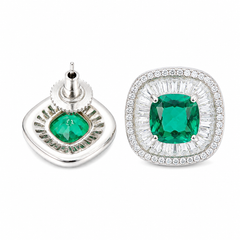 Green Crystal Cushion Baguette Halo Stud Earrings, Rhodium finish