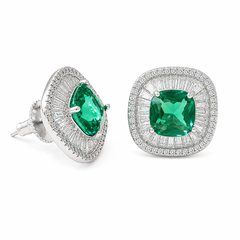 Green Crystal Cushion Baguette Halo Stud Earrings, Rhodium finish