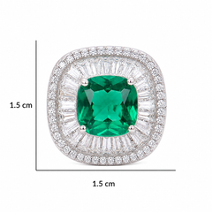 Green Crystal Cushion Baguette Halo Stud Earrings, Rhodium finish