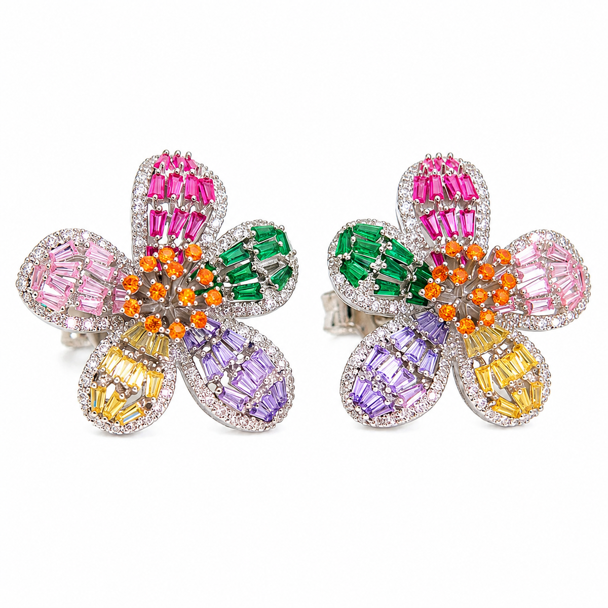 Multicolour Crystal Baguette Flower Stud Earrings, Rhodium finish