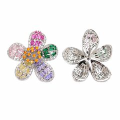 Multicolour Crystal Baguette Flower Stud Earrings, Rhodium finish