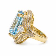Crystal Cushion Cut Double Halo Statement Cocktail Ring, Gold finish