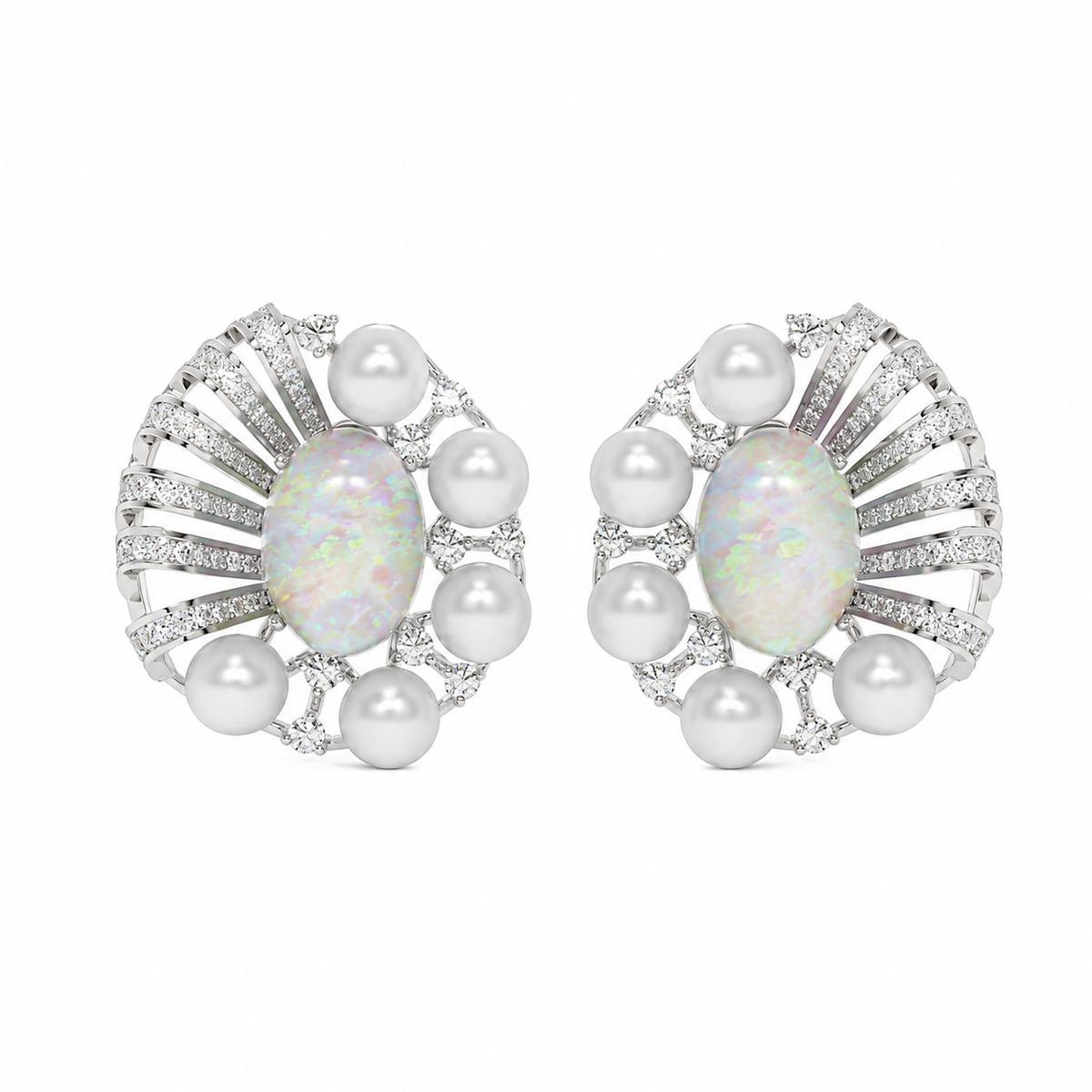 Opal & Pearl Cluster Stud Earrings