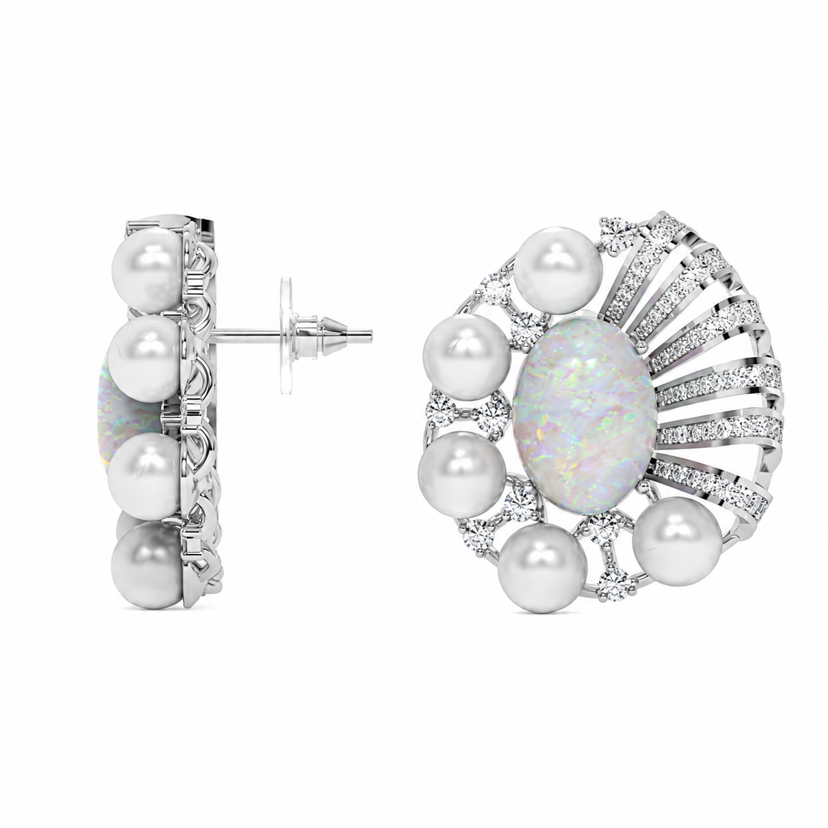 Opal & Pearl Cluster Stud Earrings