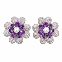 White & Purple Crystal Pearl Flower Stud Earrings, Rhodium finish