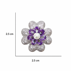 White & Purple Crystal Pearl Flower Stud Earrings, Rhodium finish