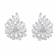 White Crystal Marquise Cluster Stud Earrings, Rhodium finish