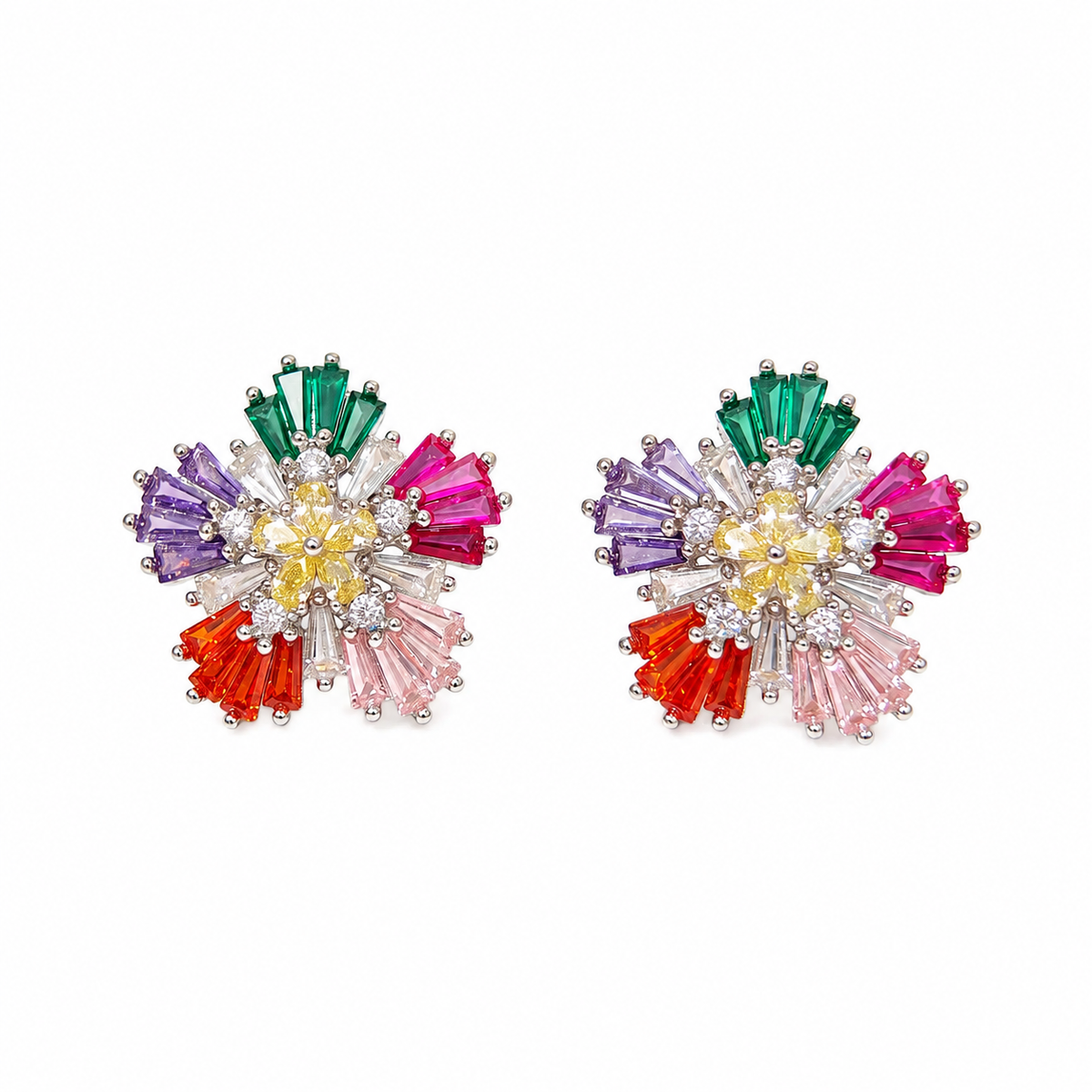 Multicolour Crystal Baguette Pinwheel Stud Earrings, Rhodium finish