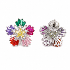 Multicolour Crystal Baguette Pinwheel Stud Earrings, Rhodium finish