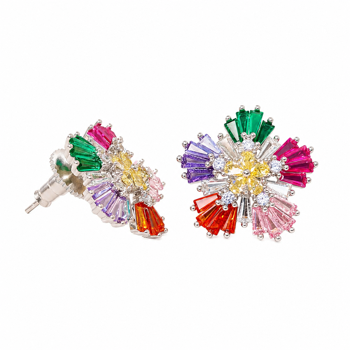 Multicolour Crystal Baguette Pinwheel Stud Earrings, Rhodium finish