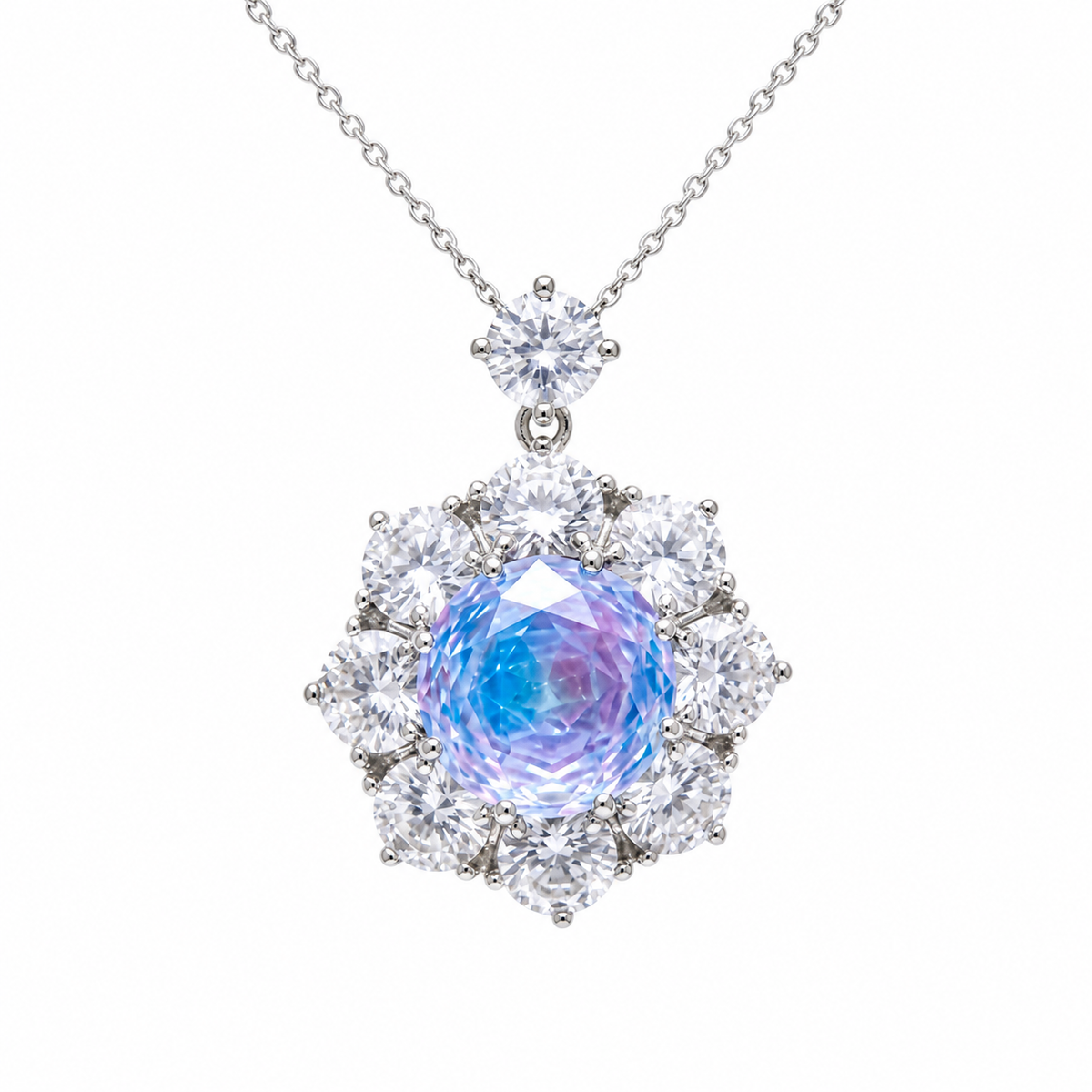 Aurora Crystal Floral Halo Pendant Necklace, Rhodium finish
