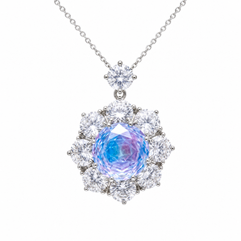 Aurora Crystal Floral Halo Pendant Necklace, Rhodium finish
