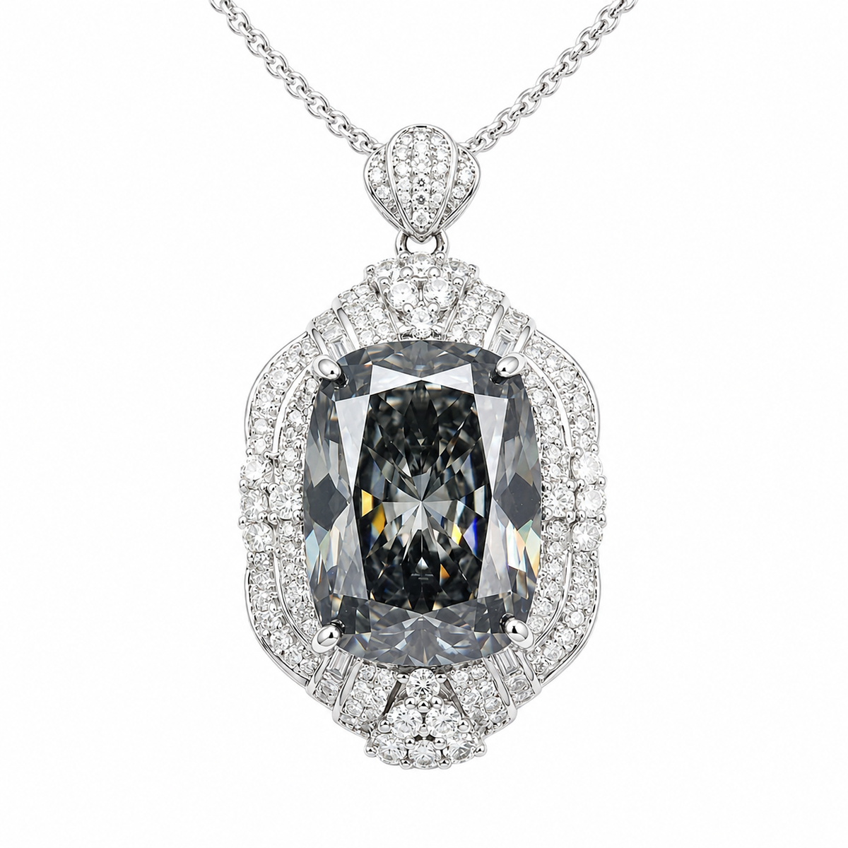 Eclipse Grey Crystal Cushion Royal Pendant Necklace, Rhodium finish
