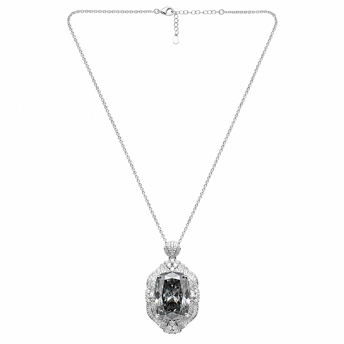 Eclipse Grey Crystal Cushion Royal Pendant Necklace, Rhodium finish