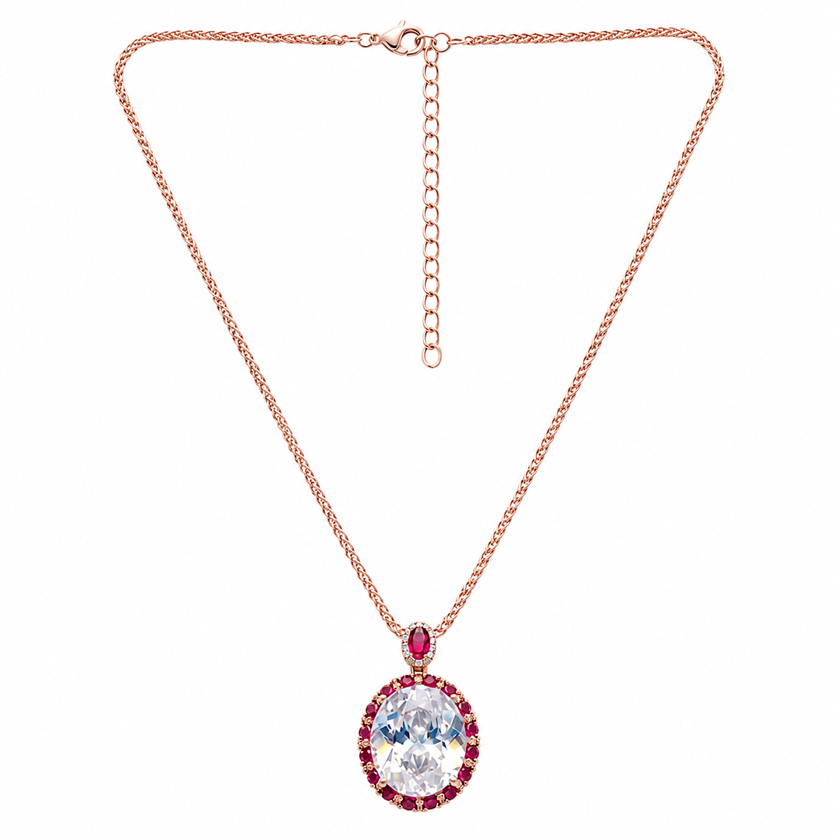 Seraphina White & Red Crystal Oval Halo Pendant Necklace, Rose Gold finish