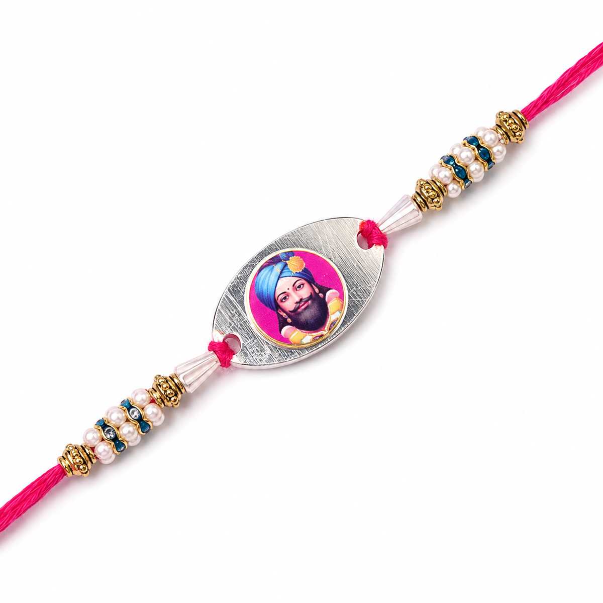 Devotional Portrait 92.5 Silver Rakhi with Pearl & Gold Beads