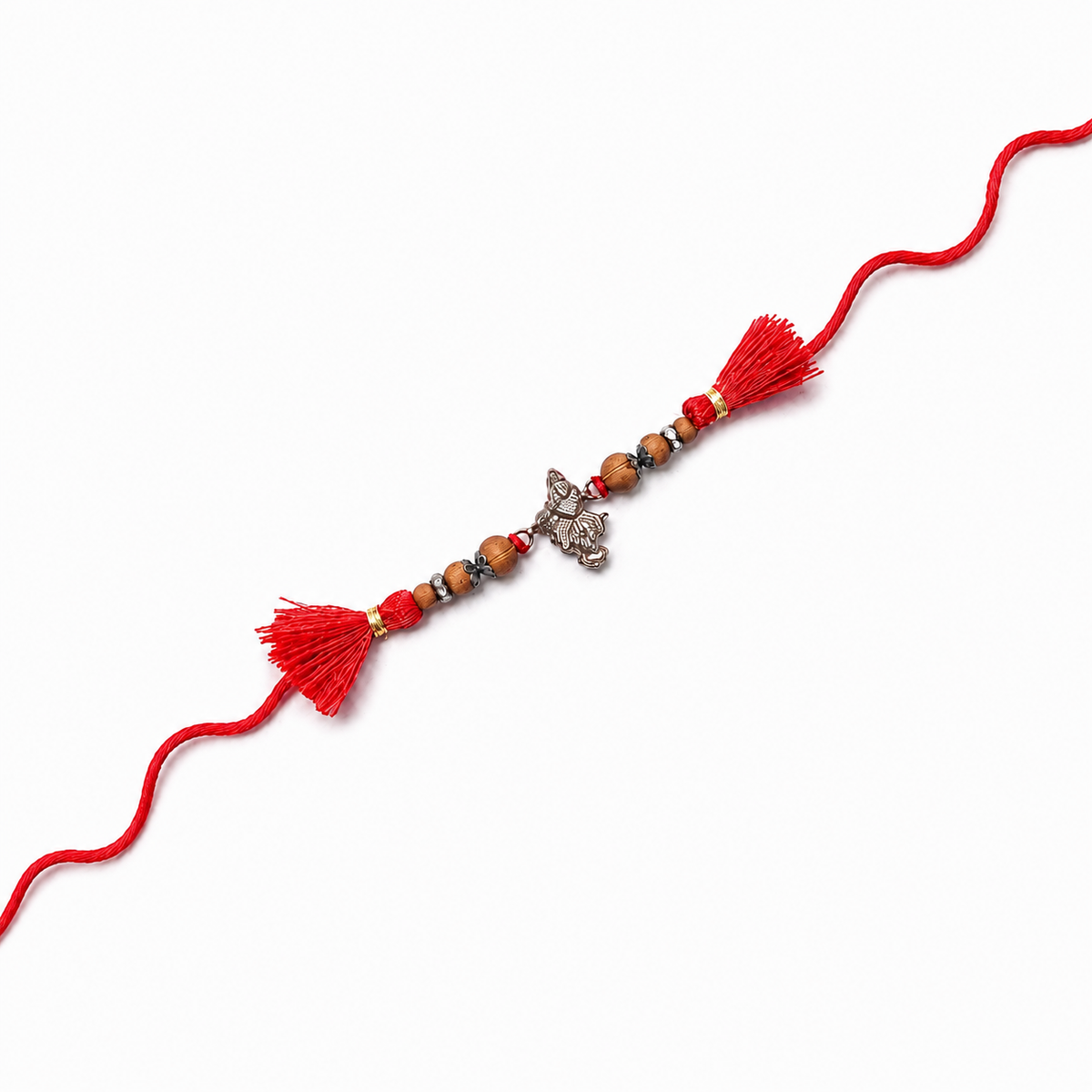 Sandalwood Bead Ganesha 92.5 Silver Rakhi with Red Tassels