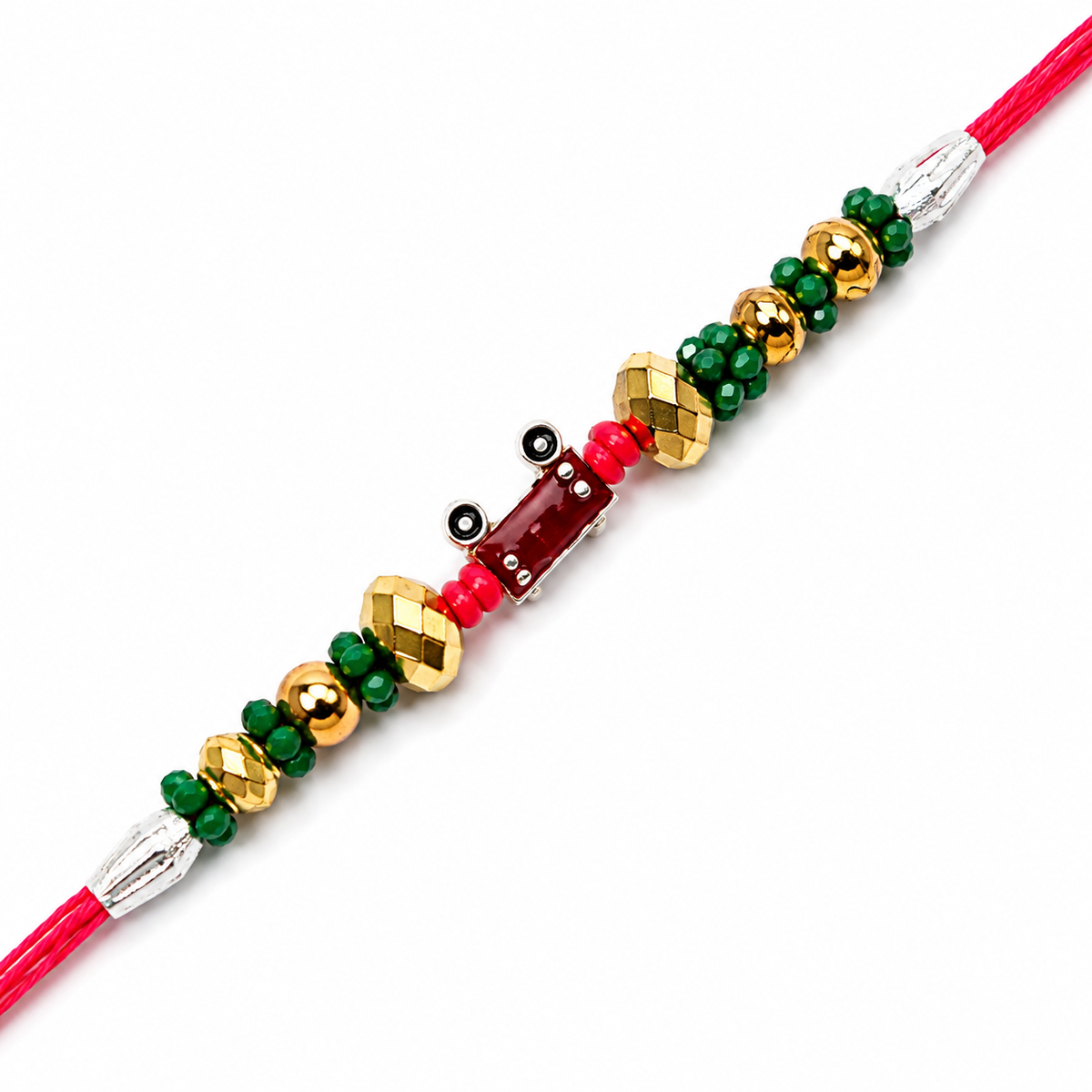Ruby Red Accent 92.5 Silver Rakhi with Green & Gold Beads