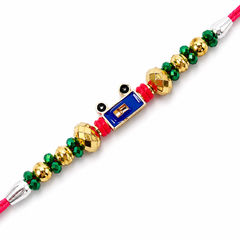 Royal Blue Accent 92.5 Silver Rakhi with Green & Gold Beads