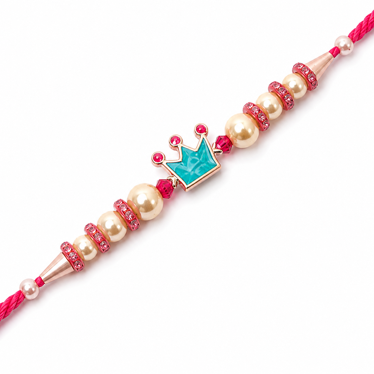 Turquoise Crown 92.5 Silver Rakhi with Pearls & Pink Crystals