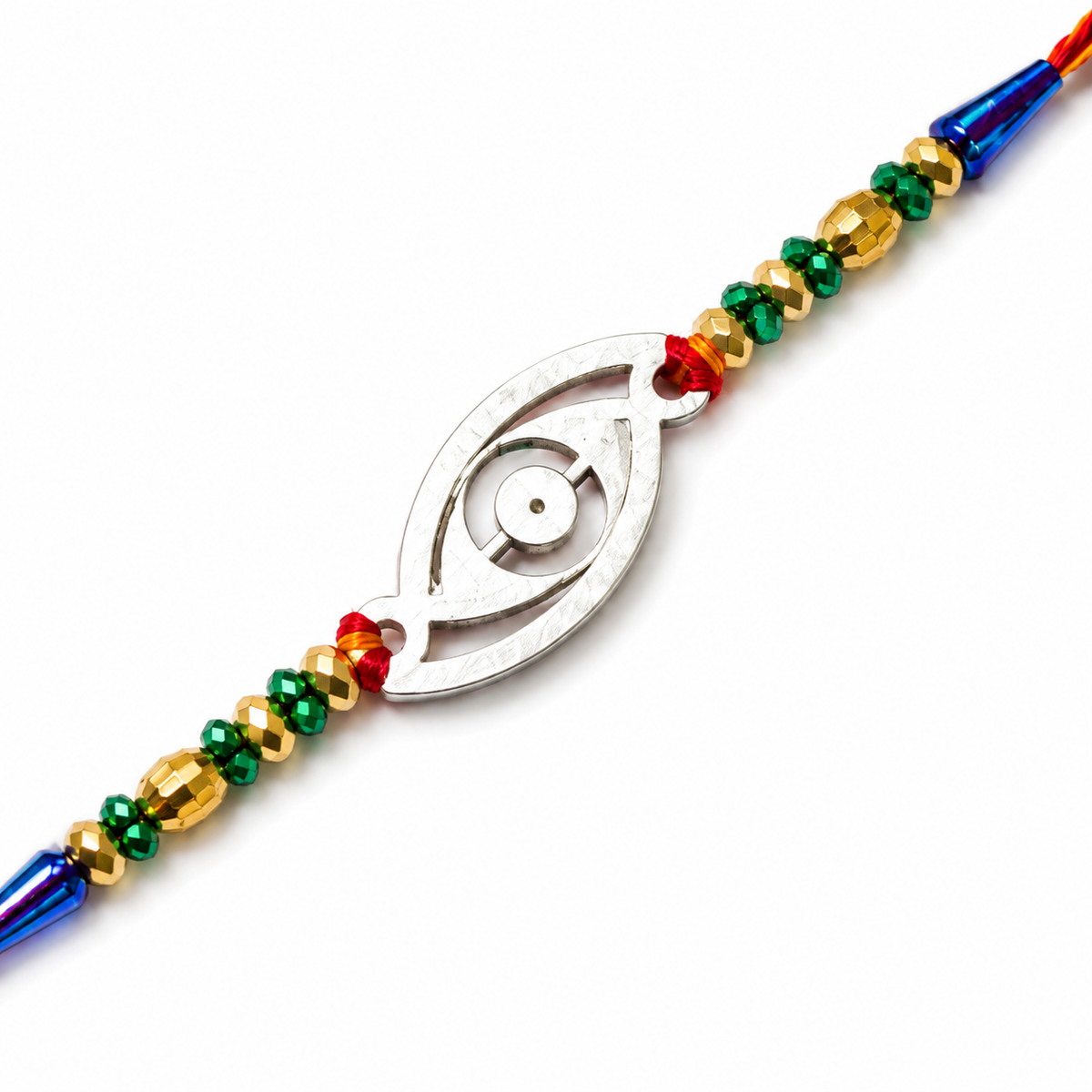 Evil Eye Cutout 92.5 Silver Rakhi with Multicolour Beads