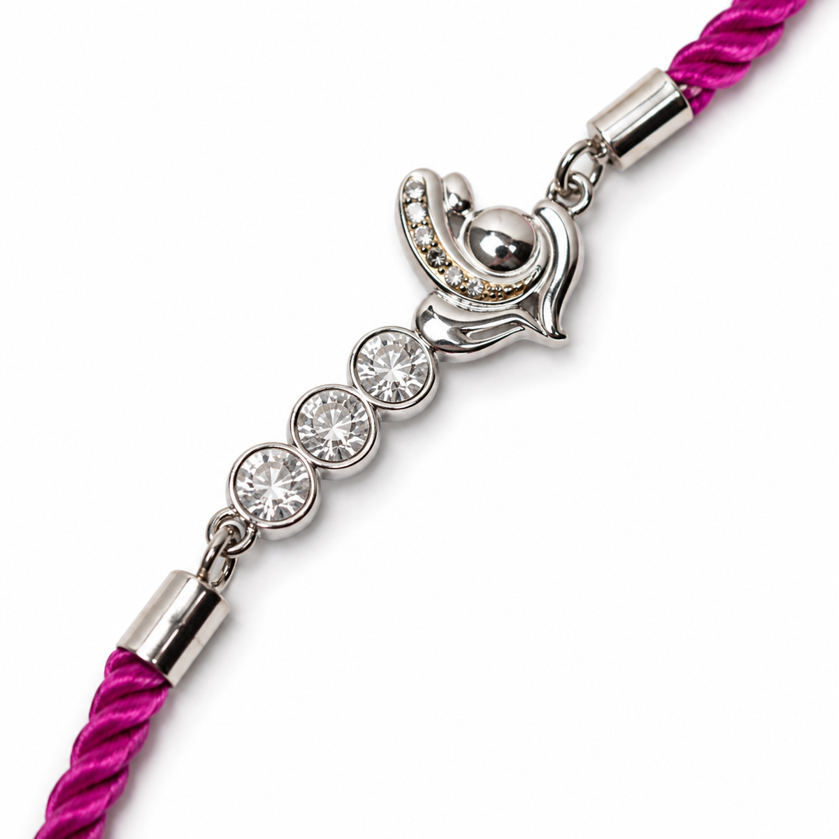 Peacock CZ Solitaire 92.5 Silver Rakhi on Magenta Cord