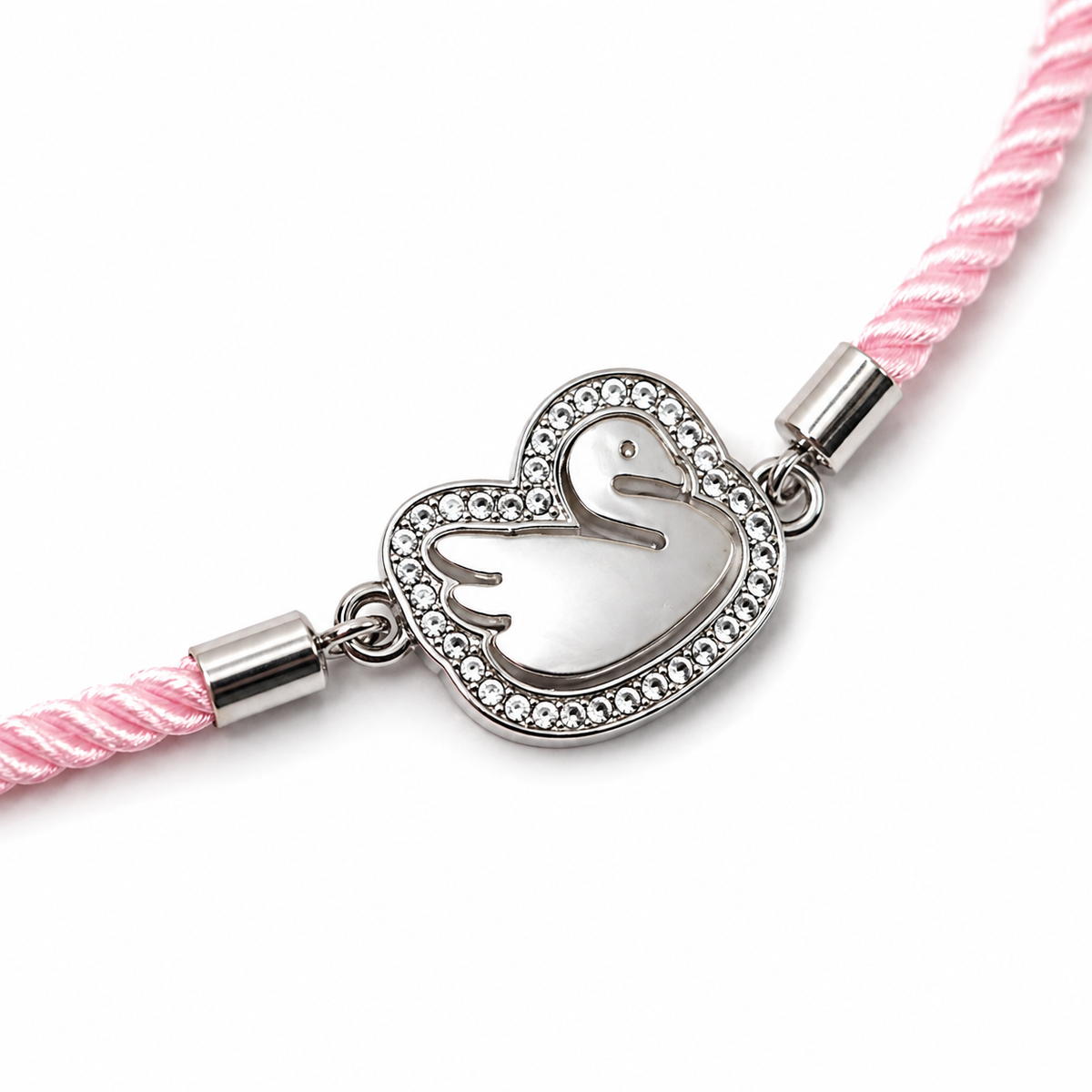 Pearl Swan CZ Heart 92.5 Silver Rakhi on Pink Cord