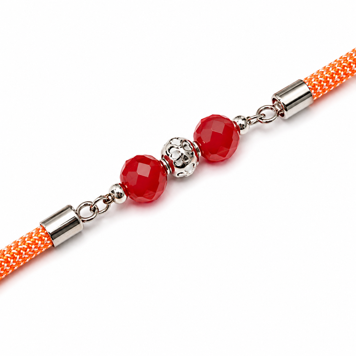 Red Crystal Duo 92.5 Silver Rakhi on Orange Cord
