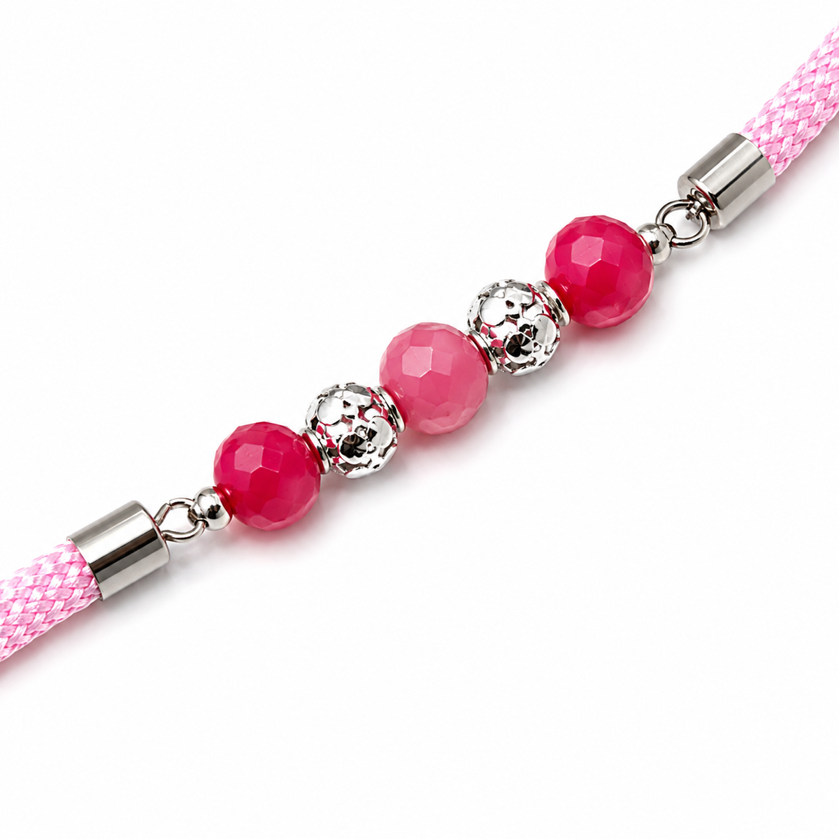 Pink Crystal & Filigree 92.5 Silver Rakhi on Pink Cord
