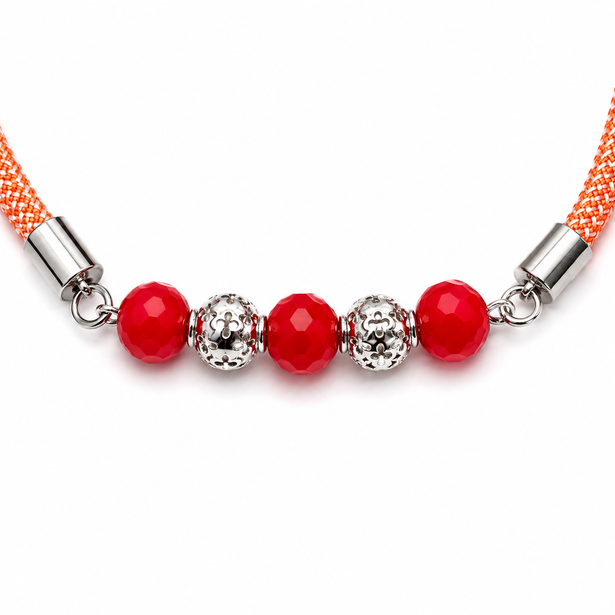 Red Crystal & Filigree 92.5 Silver Rakhi on Orange Cord