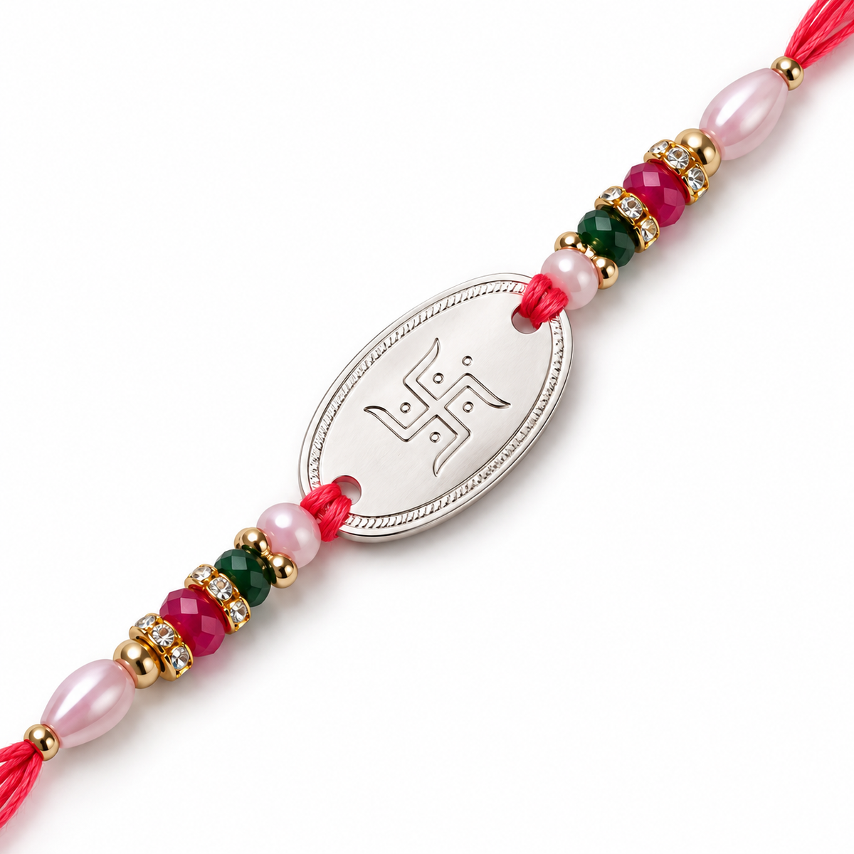 Swastik Engraved Oval 92.5 Silver Rakhi with Pearls & Crystals