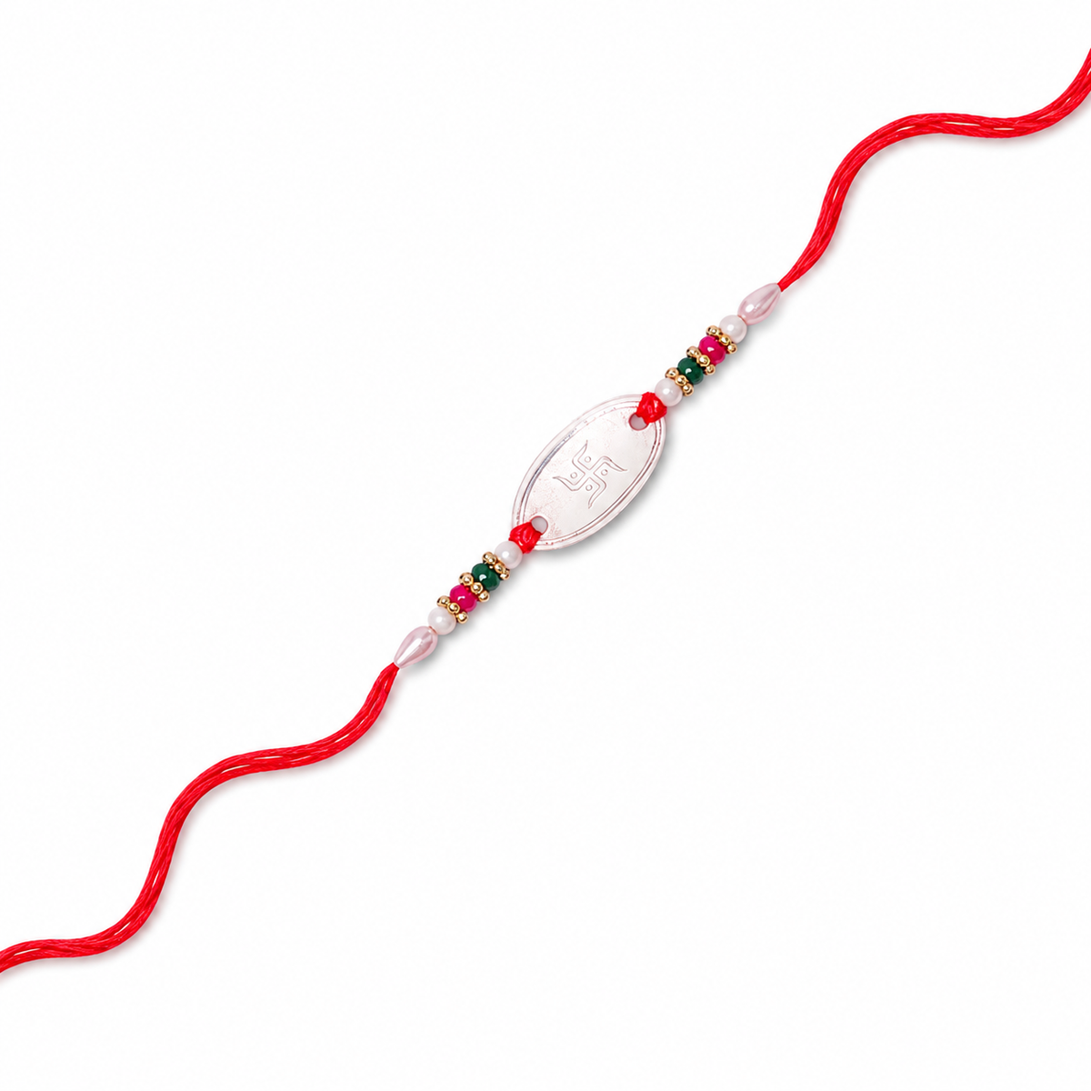 Swastik Engraved Oval 92.5 Silver Rakhi with Pearls & Crystals