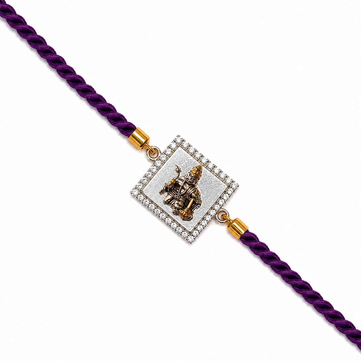 Golden Temple Motif CZ 92.5 Silver Rakhi on Purple Cord