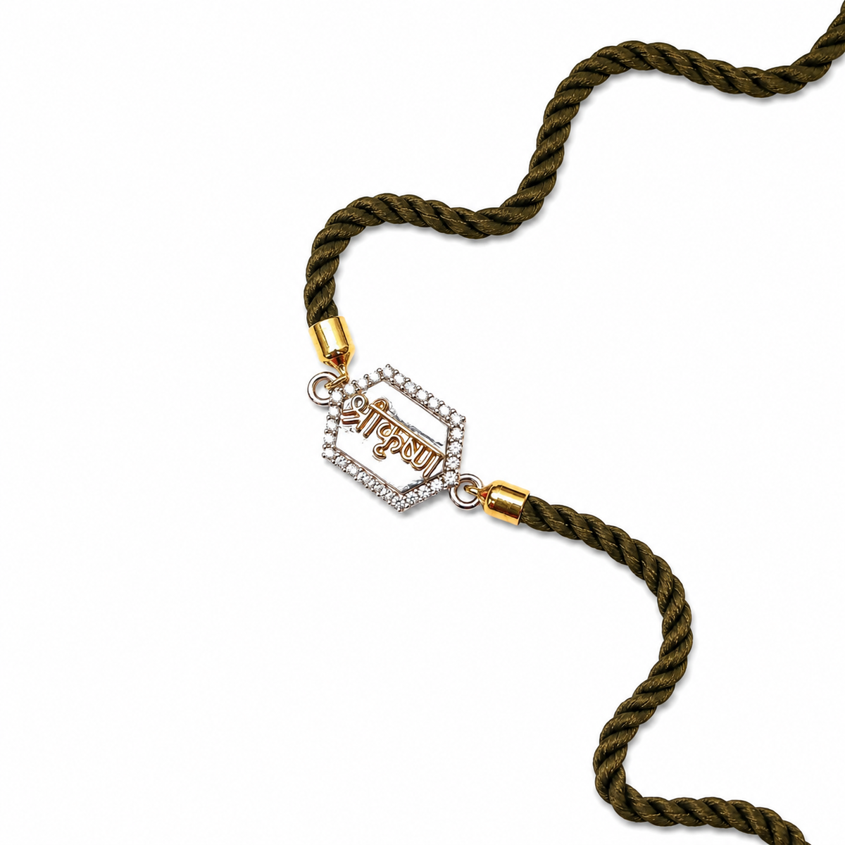 Devotional Inscription CZ Hexagon 92.5 Silver Rakhi on Olive Cord