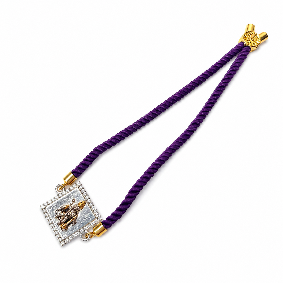 Golden Temple Motif CZ 92.5 Silver Rakhi on Purple Cord