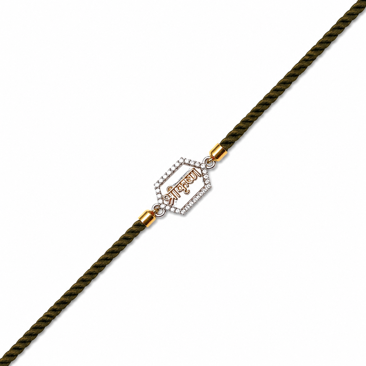 Devotional Inscription CZ Hexagon 92.5 Silver Rakhi on Olive Cord