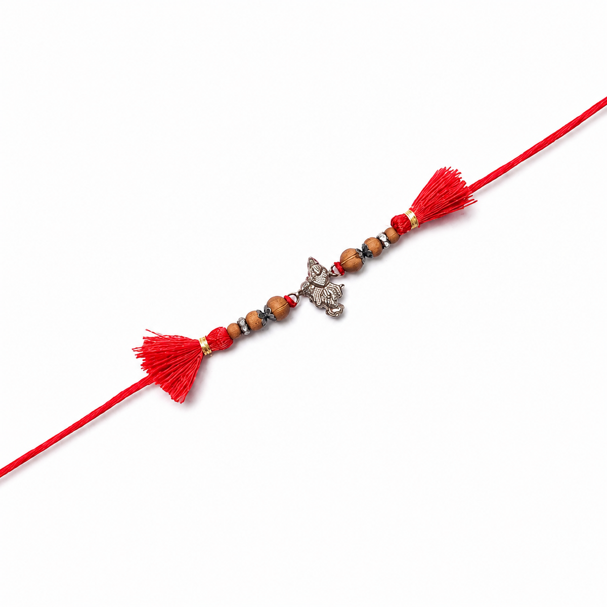 Sandalwood Bead Ganesha 92.5 Silver Rakhi with Red Tassels