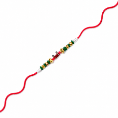 Ruby Red Accent 92.5 Silver Rakhi with Green & Gold Beads