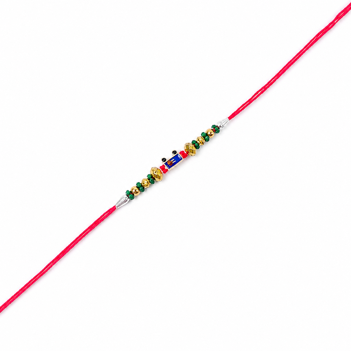 Royal Blue Accent 92.5 Silver Rakhi with Green & Gold Beads