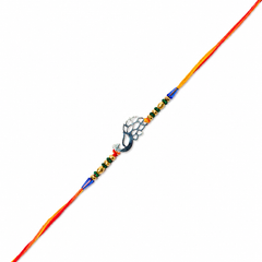 Peacock Cutout 92.5 Silver Rakhi with Green & Gold Beads