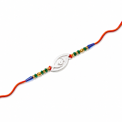 Evil Eye Cutout 92.5 Silver Rakhi with Multicolour Beads