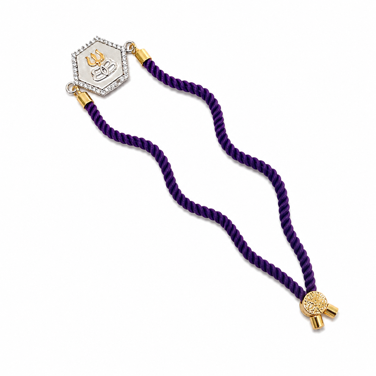 Mahadev Trishul CZ Hexagon 92.5 Silver Rakhi on Purple Cord