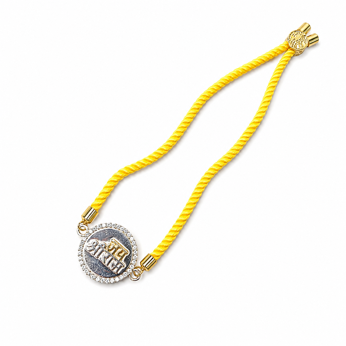 Jai Shree Ram CZ Medallion 92.5 Silver Rakhi on Yellow Cord