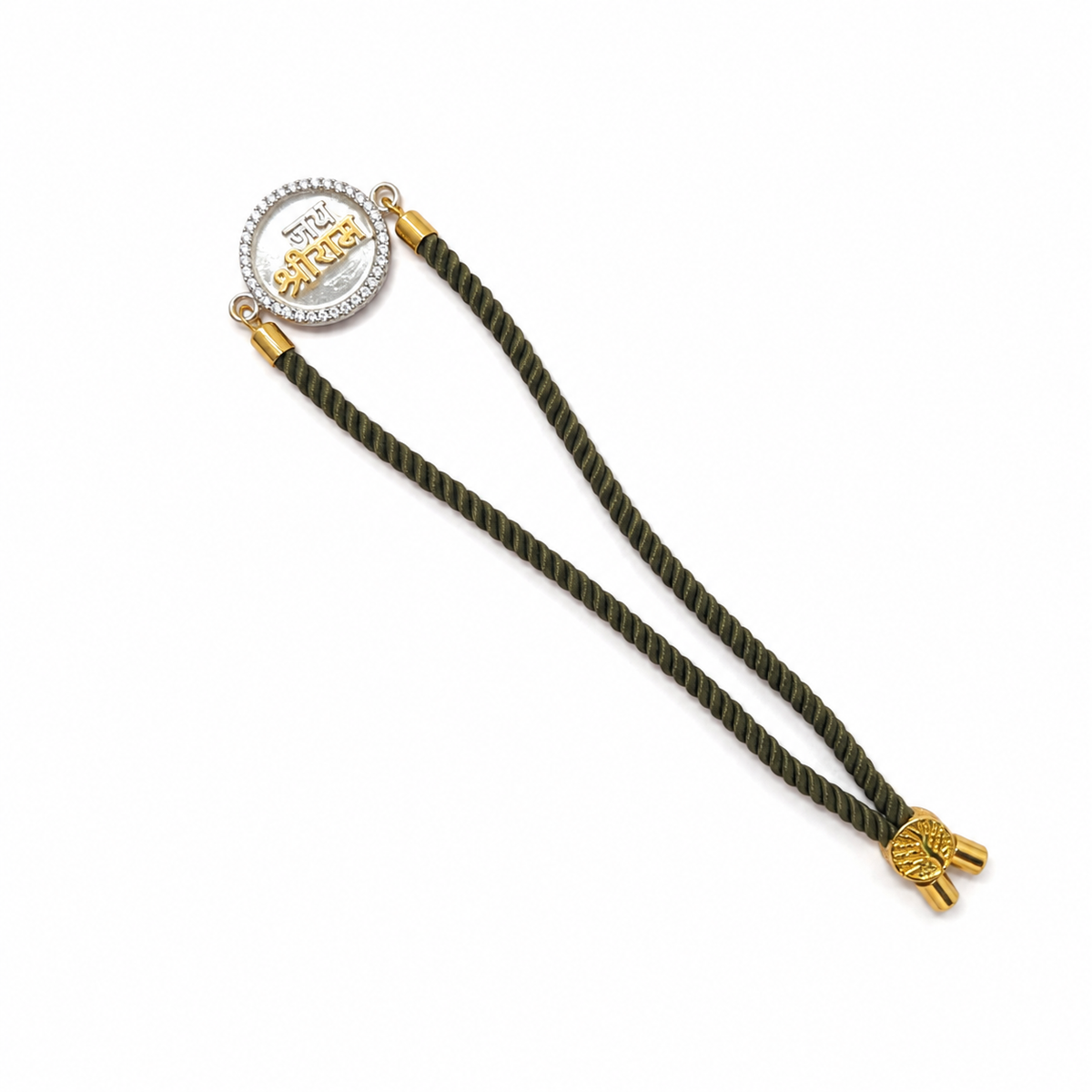 Jai Shree Ram CZ Medallion 92.5 Silver Rakhi on Olive Cord