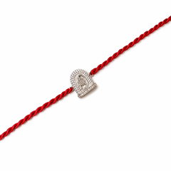 Stone-Studded Temple Charm 92.5 Silver Rakhi on Red Cord
